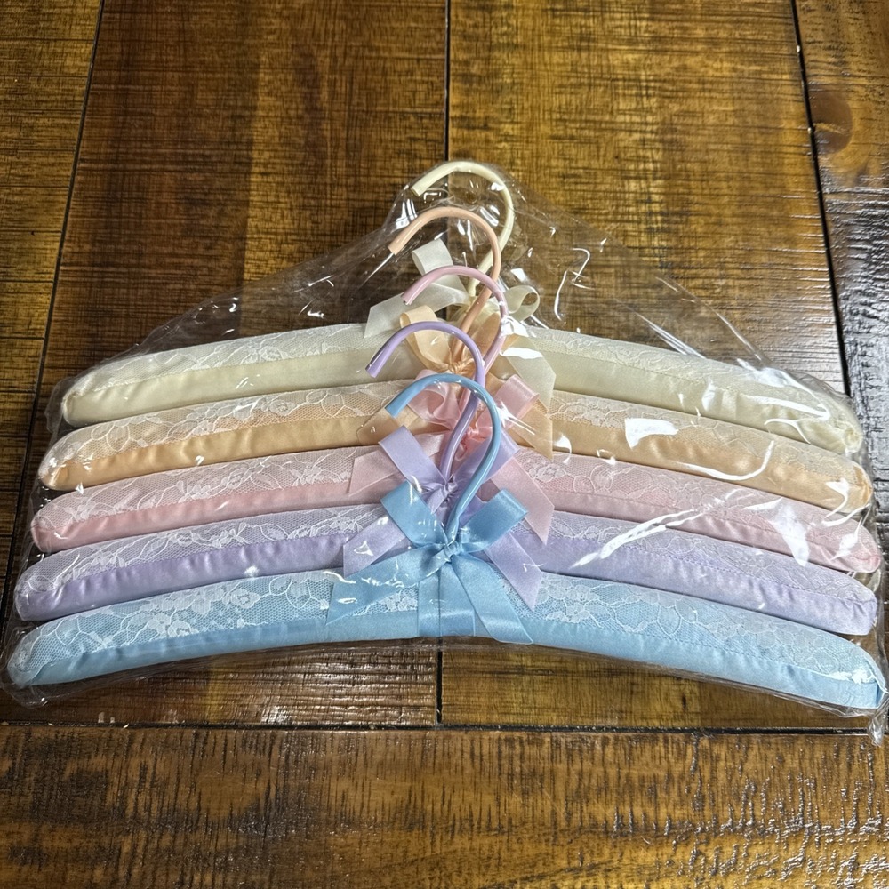 Vintage Pastel Satin & Lace Covered Fabric Padded Clothes Hangers NOS Set Of 5